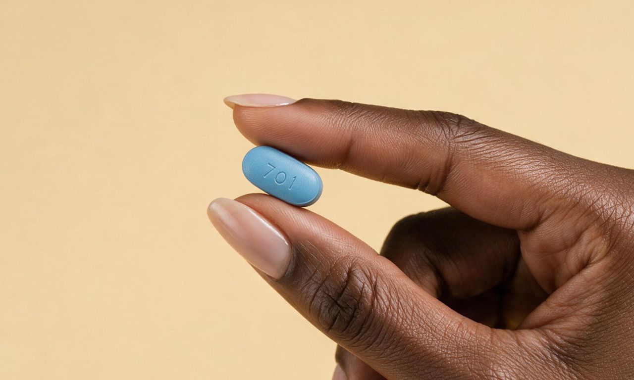 A hand holding a blue pill
