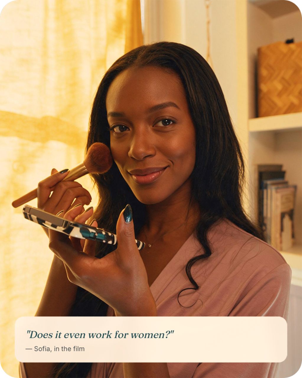A woman getting ready in front of a mirror